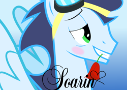 Size: 2105x1488 | Tagged: safe, artist:eddie-shadows, soarin', pony, g4, bedroom eyes, bust, flower, flower in mouth, goggles, heart, male, mouth hold, rose, signature, solo