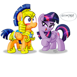 Size: 1113x1113 | Tagged: safe, artist:aleximusprime, flash sentry, twilight sparkle, alicorn, pony, g4, bedroom eyes, blushing, chibi, female, male, mare, nervous, open mouth, q*bert, ship:flashlight, shipping, straight, sweatdrop, twilight sparkle (alicorn), wavy mouth, wide eyes