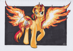 Size: 3173x2226 | Tagged: safe, artist:stormblaze-pegasus, sunset shimmer, pony, unicorn, equestria girls, g4, 2016, buck, buck2016, female, fiery shimmer, fire, for sale, high res, raised hoof, signature, solo, sunset phoenix, wings
