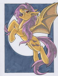 Size: 2285x3030 | Tagged: safe, artist:stormblaze-pegasus, fluttershy, bat pony, pony, g4, 2016, buck, buck2016, fangs, female, flutterbat, flying, for sale, full moon, high res, night sky, open mouth, red eyes, signature, solo