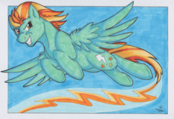 Size: 3318x2264 | Tagged: safe, artist:stormblaze-pegasus, lightning dust, pegasus, pony, g4, 2016, buck, buck2016, female, flying, for sale, high res, mare, signature, solo, speed trail
