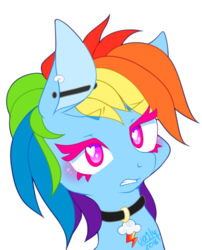 Size: 807x1000 | Tagged: safe, artist:va1ly, rainbow dash, g4, alternate hairstyle, collar, cute, cutie mark, cutie mark collar, ear piercing, female, heart, heart eyes, pet tag, piercing, solo, wingding eyes