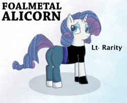 Size: 1539x1251 | Tagged: safe, artist:chiptunebrony, rarity, pony, unicorn, g4, bedroom eyes, butt, clothes, cosplay, costume, crossover, fullmetal alchemist, fullmetal alchemist brotherhood, parody, plot, riza hawkeye, rubber, solo, text, title