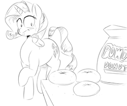 Size: 1915x1603 | Tagged: safe, artist:sirmasterdufel, rarity, pony, unicorn, g4, bread, donut, female, food, implied ponut, innuendo, mare, monochrome, rarity looking at food, solo, sweat