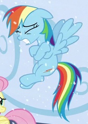 Size: 349x489 | Tagged: safe, screencap, rainbow dash, g4, the crystalling, cold, cropped, crossed arms, floating, freezing, gritted teeth, shivering, snow, snowfall, snowflake