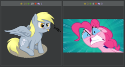 Size: 620x336 | Tagged: safe, derpy hooves, pinkie pie, pegasus, pony, derpibooru, g4, exploitable meme, female, juxtaposition, mare, meme, meta