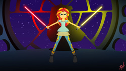 Size: 1024x576 | Tagged: safe, artist:viktor-tyt, sunset shimmer, equestria girls, g4, lightsaber, star wars, weapon