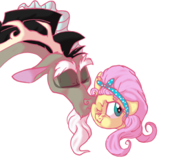 Size: 1100x1008 | Tagged: safe, artist:jaw2002, discord, fluttershy, g4, alternate hairstyle, cheek kiss, female, kissing, male, ship:discoshy, shipping, straight