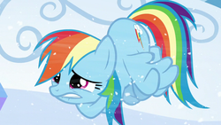 Size: 1280x720 | Tagged: safe, screencap, rainbow dash, g4, the crystalling, cold, crossed arms, floating, freezing, shivering, snow, snowfall, snowflake