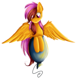 Size: 980x1000 | Tagged: safe, artist:mufflinka, scootaloo, g4, :o, balloon, female, flying, freckles, looking at something, older, solo, spread wings