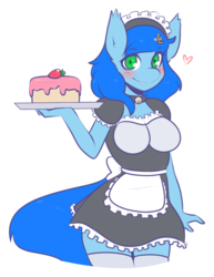 Size: 633x822 | Tagged: safe, artist:koimii, oc, oc only, anthro, blushing, cake, clothes, dessert, food, maid, simple background, socks, solo, thigh highs