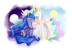 Size: 1280x902 | Tagged: safe, artist:haruliina, princess celestia, princess luna, g4, duality, royal sisters