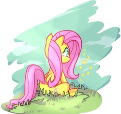 Size: 594x559 | Tagged: safe, artist:aquacola, fluttershy, butterfly, pegasus, pony, g4, female, folded wings, looking at something, sitting, solo