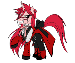 Size: 970x823 | Tagged: safe, artist:edcom02, artist:jmkplover, pony, unicorn, black butler, clothes, crossover, glasses, grell, grell sutcliff, kuroshitsuji, simple background, solo, transparent background