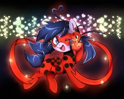 Size: 1000x800 | Tagged: dead source, safe, artist:0biter, earth pony, kwami, pony, ear piercing, earring, female, jewelry, ladybug (miraculous ladybug), marinette dupain-cheng, miraculous ladybug, one eye closed, piercing, ponified, tikki