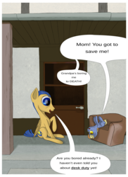 Size: 2400x3300 | Tagged: safe, artist:aaronmk, flash sentry, oc, g4, alternate hairstyle, chair, comic, dinky hooves's diary, filly, grandfather and grandchild, high res, implied dinky, offspring, older, parent:dinky hooves, sitting