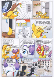 Size: 3490x4940 | Tagged: safe, artist:xeviousgreenii, apple bloom, applejack, princess luna, rarity, scootaloo, sweetie belle, comic:the temple of bloom, g4, comic, cutie mark, cutie mark crusaders, indiana jones, indiana jones and the kingdom of the crystal skull, refrigerator, ship, the cmc's cutie marks, traditional art