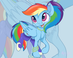 Size: 2948x2381 | Tagged: safe, artist:mistydash, rainbow dash, pegasus, pony, g4, alternate hairstyle, chest fluff, clothes, female, high res, mare, open mouth, raised hoof, smiling, socks, solo