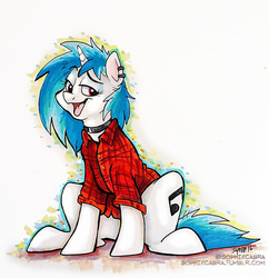 Size: 600x621 | Tagged: safe, artist:spainfischer, dj pon-3, vinyl scratch, pony, g4, background pony, clothes, collar, dreamworks face, female, open mouth, red eyes, signature, sitting, solo, wrong eye color