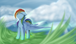 Size: 1024x600 | Tagged: safe, artist:dusthiel, rainbow dash, pegasus, pony, g4, eyes closed, female, grass, smiling, solo, spread wings, wings