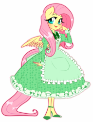 Size: 1280x1674 | Tagged: safe, artist:meb90, fluttershy, anthro, plantigrade anthro, g4, clothes, female, high heels, open mouth, shoes, simple background, smiling, solo, white background