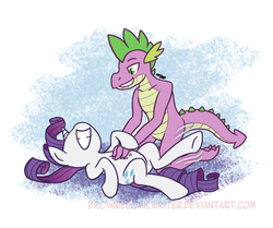 Size: 1280x1072 | Tagged: safe, artist:greenlinzerd, rarity, spike, dragon, pony, unicorn, g4, abstract background, bellyrubs, cute, duo, duo male and female, female, horn, kneeling, leg twitch, male, older, older spike, raribetes, ship:sparity, shipping, smiling, straight, teenage spike, teenaged dragon, teenager, tickling