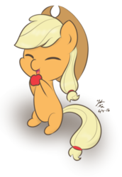 Size: 580x844 | Tagged: safe, artist:noxdrachen, applejack, g4, apple, chibi, cute, eating, eyes closed, female, food, jackabetes, solo, that pony sure does love apples