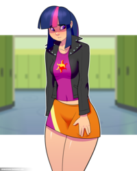 Size: 2000x2500 | Tagged: safe, artist:mrw32, twilight sparkle, human, equestria girls, g4, canterlot high, clothes, clothes swap, commission, equestria girls outfit, female, high res, humanized, leather jacket, legs, midriff, miniskirt, signature, skirt, solo, thighs
