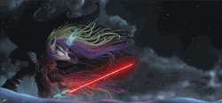 Size: 1000x465 | Tagged: safe, artist:ncmares, artist:theshadowscale, edit, princess cadance, g4, animated, clothes, cold, crossover, dark side, female, levitation, lightsaber, magic, night sky, open mouth, sith, snow, solo, star wars, telekinesis, tundra, weapon, wind