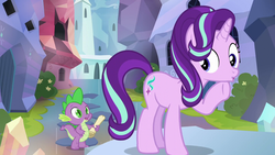 Size: 1280x720 | Tagged: safe, screencap, spike, starlight glimmer, g4, the crystalling, duckface, open mouth, raised hoof, scroll, stare