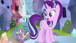 Size: 1280x720 | Tagged: safe, screencap, spike, starlight glimmer, g4, the crystalling, animation error, looking back, open mouth, raised hoof, scroll, stare