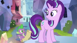 Size: 1280x720 | Tagged: safe, screencap, spike, starlight glimmer, g4, the crystalling, animation error, looking back, raised hoof, scroll