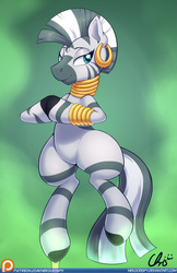 Size: 825x1275 | Tagged: safe, artist:nekocrispy, zecora, zebra, g4, bipedal, female, gradient background, hooves together, patreon, patreon logo, simple background, solo