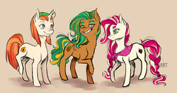 Size: 1856x975 | Tagged: safe, artist:lya, oc, oc only, oc:peach patch, oc:raspberry yoghurt, oc:tropica, earth pony, pony, unicorn, colored, digital art, female, mare, standing