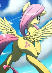 Size: 1024x1412 | Tagged: safe, artist:niwano_kei, fluttershy, pegasus, pony, g4, butt, cloud, cute, female, flying, hair over one eye, looking back, mare, plot, shyabetes, sky, solo, spread wings, wings