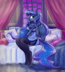 Size: 1000x1112 | Tagged: safe, artist:king-kakapo, princess luna, anthro, unguligrade anthro, g4, arm hooves, bed, blushing, cleavage, clothes, cloven hooves, curtains, female, looking at you, necklace, nightgown, open mouth, pillow, socks, solo, stockings, thigh highs, unshorn fetlocks