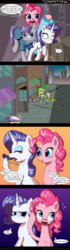Size: 1200x4299 | Tagged: safe, artist:deusexequus, maud pie, pinkie pie, rarity, earth pony, pony, unicorn, g4, the gift of the maud pie, all the way through, comic, confetti, female, implied anal insertion, implied insertion, mare, party cannon, surprised, wide eyes