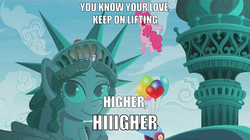 Size: 879x492 | Tagged: safe, edit, edited screencap, screencap, maud pie, pinkie pie, rarity, earth pony, pony, g4, the gift of the maud pie, balloon, female, ghostbusters, ghostbusters 2, higher and higher, jackie wilson, mare, party cannon, passion pit, song reference, statue of liberty, text