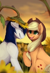 Size: 739x1081 | Tagged: safe, artist:mr-tiaa, applejack, oc, oc:constance everheart, g4, canon x oc, everjack, female, flower, male, shipping, silly, smiling, straight, sunflower