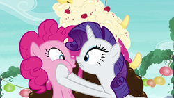 Size: 1280x720 | Tagged: safe, screencap, pinkie pie, rarity, g4, the gift of the maud pie, face grab, food, ice cream, out of context, sundae