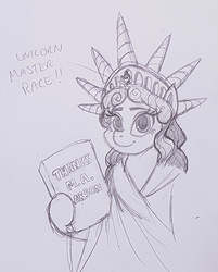 Size: 1188x1479 | Tagged: artist needed, safe, rarity, g4, the gift of the maud pie, horn, meme, monochrome, multiple horns, pencil drawing, simple background, statue of liberty, thanks m.a. larson, traditional art, unicorn master race, white background