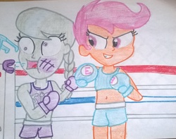 Size: 1024x807 | Tagged: safe, artist:toyminator900, scootaloo, silver spoon, equestria girls, g4, belly button, boxing, clothes, exeron fighters, exeron gloves, midriff, sports bra