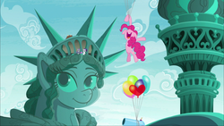 Size: 1920x1080 | Tagged: safe, screencap, maud pie, pinkie pie, rarity, earth pony, pony, unicorn, g4, season 6, the gift of the maud pie, balloon, bird nest, heart balloon, nest, party cannon, statue of liberty, that pony sure does love balloons