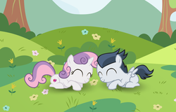 Size: 1100x702 | Tagged: safe, artist:lunaticdawn, rumble, sweetie belle, pegasus, pony, unicorn, g4, ^^, backwards cutie mark, colt, cutie mark, eyes closed, female, filly, foal, male, ship:rumbelle, shipping, straight, the cmc's cutie marks