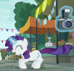 Size: 750x720 | Tagged: safe, screencap, lucky breaks, pegasus olsen, peggy holstein, rarity, pony, unicorn, g4, the gift of the maud pie, animated, behaving like pinkie pie, camera, cute, excited, eyes closed, female, glowing horn, horn, jumping, levitation, magic, mare, pronking, raribetes, smiling, telekinesis