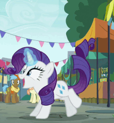 Size: 600x650 | Tagged: safe, screencap, lucky breaks, neigh sayer, pegasus olsen, peggy holstein, rarity, pony, unicorn, g4, the gift of the maud pie, animated, animation error, behaving like pinkie pie, female, floating, fluttering, great moments in animation, hoofy-kicks, jumping, magic, missing horn, motion lines, nose in the air, smear frame