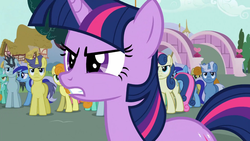 Size: 1366x768 | Tagged: safe, screencap, bon bon, carrot top, comet tail, golden harvest, lyra heartstrings, minuette, neon lights, rising star, sweetie drops, twilight sparkle, g4, magic duel, twilight sparkle is not amused