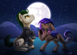 Size: 1280x915 | Tagged: safe, artist:skjolty, oc, oc only, oc:cogito, oc:evening howler, clothes, duo, eyes closed, mare in the moon, moon, night, singing, stars