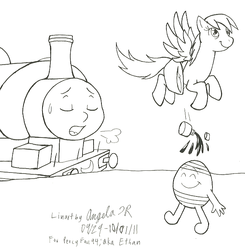 Size: 686x700 | Tagged: safe, artist:cherishedrose, derpy hooves, pegasus, pony, g4, crossover, female, mare, mr. bump, mr. men, percy the small engine, spill, thomas the tank engine