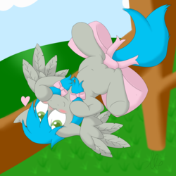 Size: 2500x2500 | Tagged: safe, artist:laptopbrony, oc, oc only, oc:darcy sinclair, belly, belly button, blushing, bow, cute, heart, high res, looking at you, on back, solo, spread wings, tail bow, tree